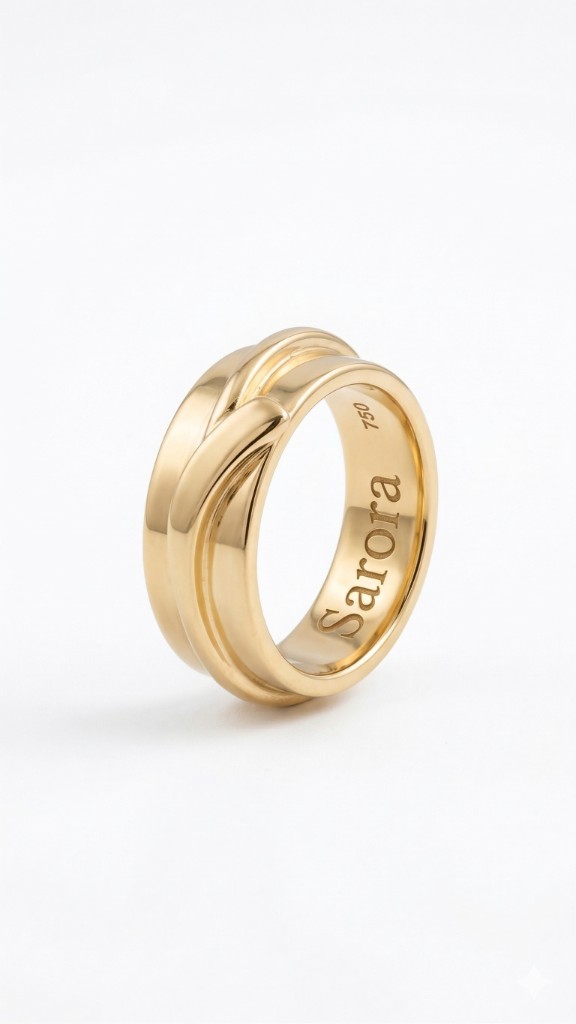 Sarora gold ring — sculptural band with Sarora engraving